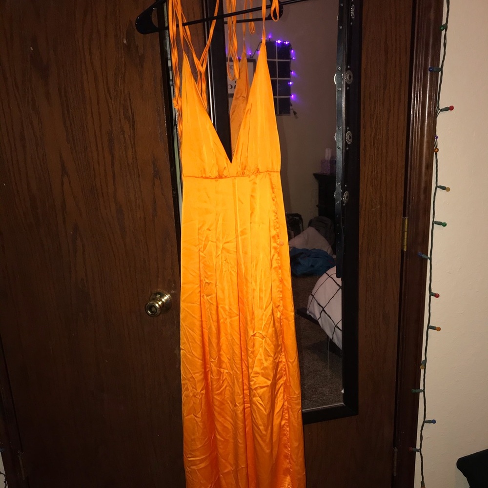 White Fox Boutique orange silk prom dress